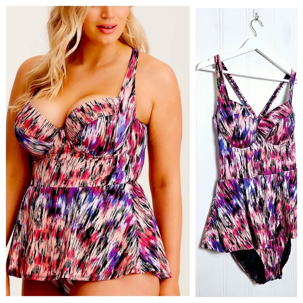 Torrid One Piece Swimsuit Mirage Print Peplum  Push Up Underwire 1X 14